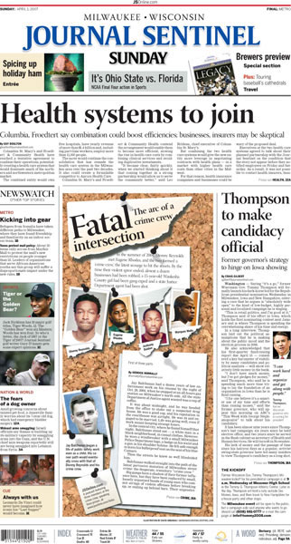 Front page of newspaper with story on a gang's fatal intersection with a police officer